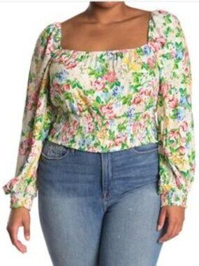 AFRM Soph Floral Smocked Crop Top Size 2X Long Sleeve Boho In Spring Jardin